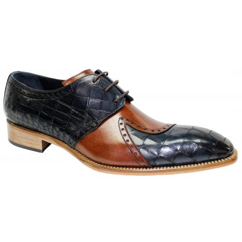 Duca Di Matiste "Valentano" Navy/Brandy Genuine Italian Calf Leather Crocodile Print Lace-Up Dress Shoes.